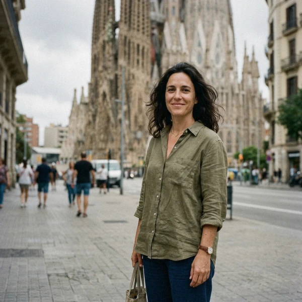 Núria Bassols, travel writer from Barcelona, standing on Carrer de Mallorca with the Passion facade of the Sagrada Familia behind her