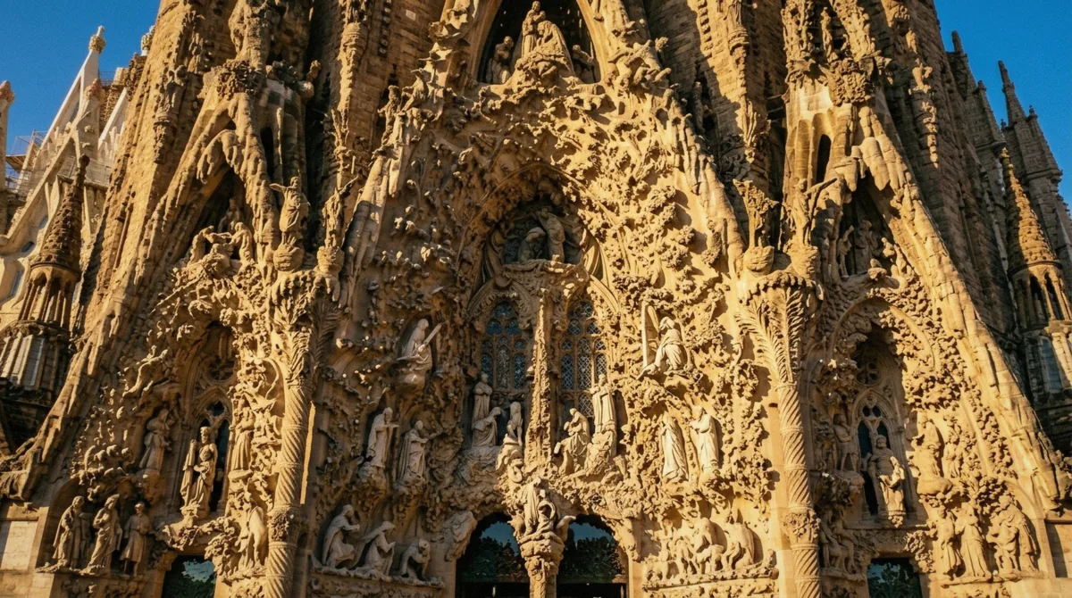 Carved stone figures and pinnacles of the Nativity facade in morning light at the start of a la sagrada familia tour in Barcelona