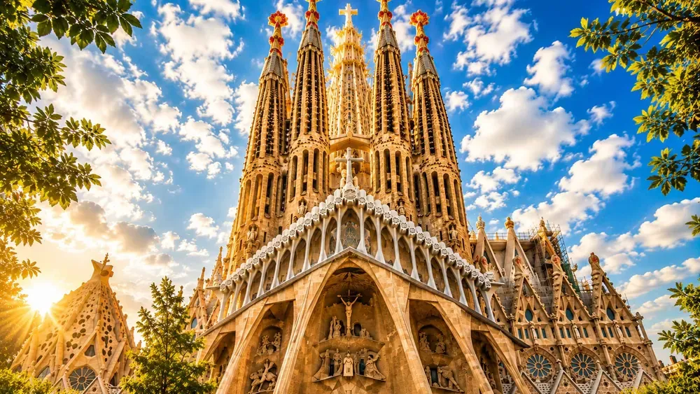 Certified guide with a group in front of the basilica towers at the start of a la sagrada familia tour