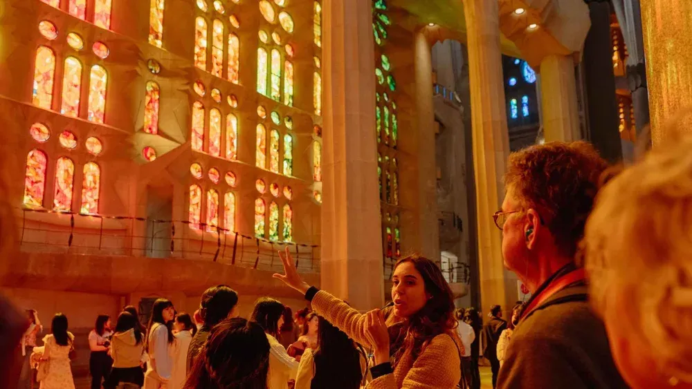 Small group under the towers of Gaudi's basilica on a skip-the-line la sagrada familia tour in Barcelona