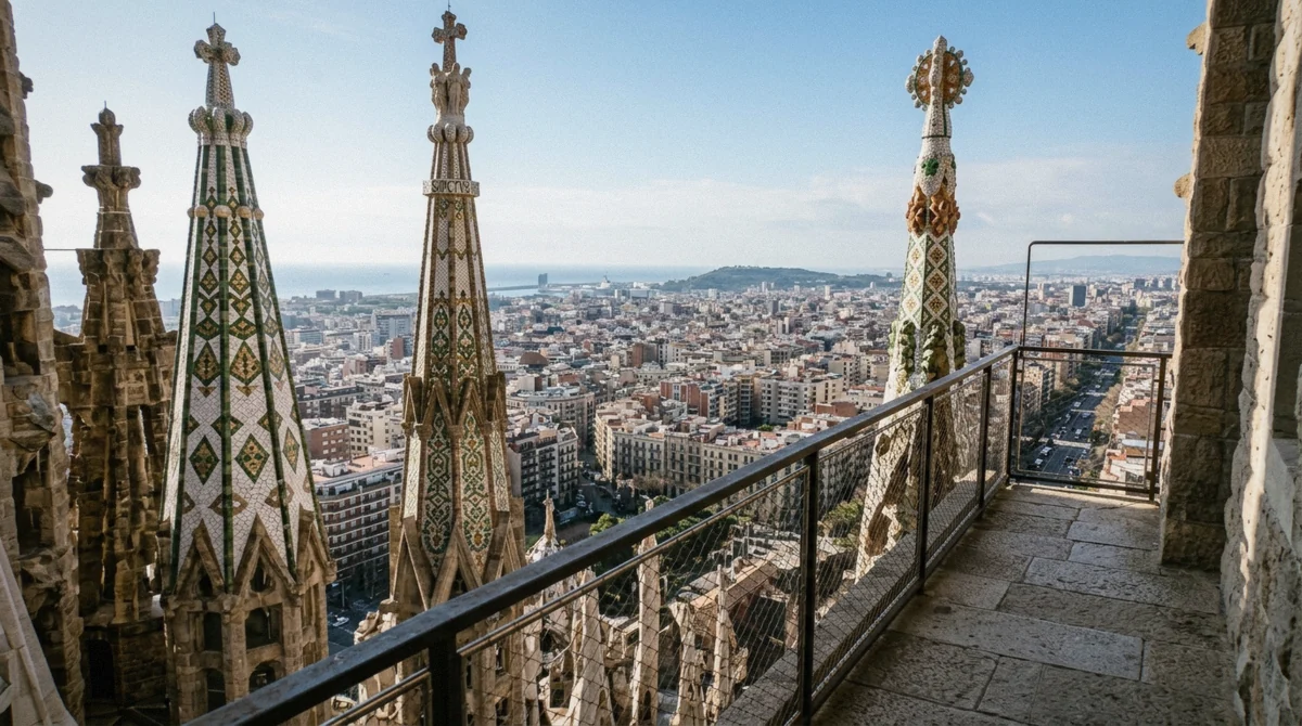 The Eixample grid seen from above, the ground a Sagrada Familia and Park Güell tour crosses between the two sites